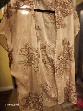 Sheer Embroidered Floral Kimono -  Beige‎ Romantic Fairy